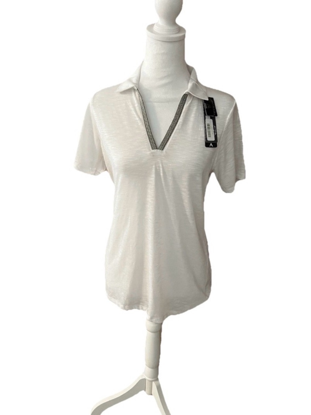 Antigua White Short-Sleeve V-Neck Polo Tee with Metallic Trim